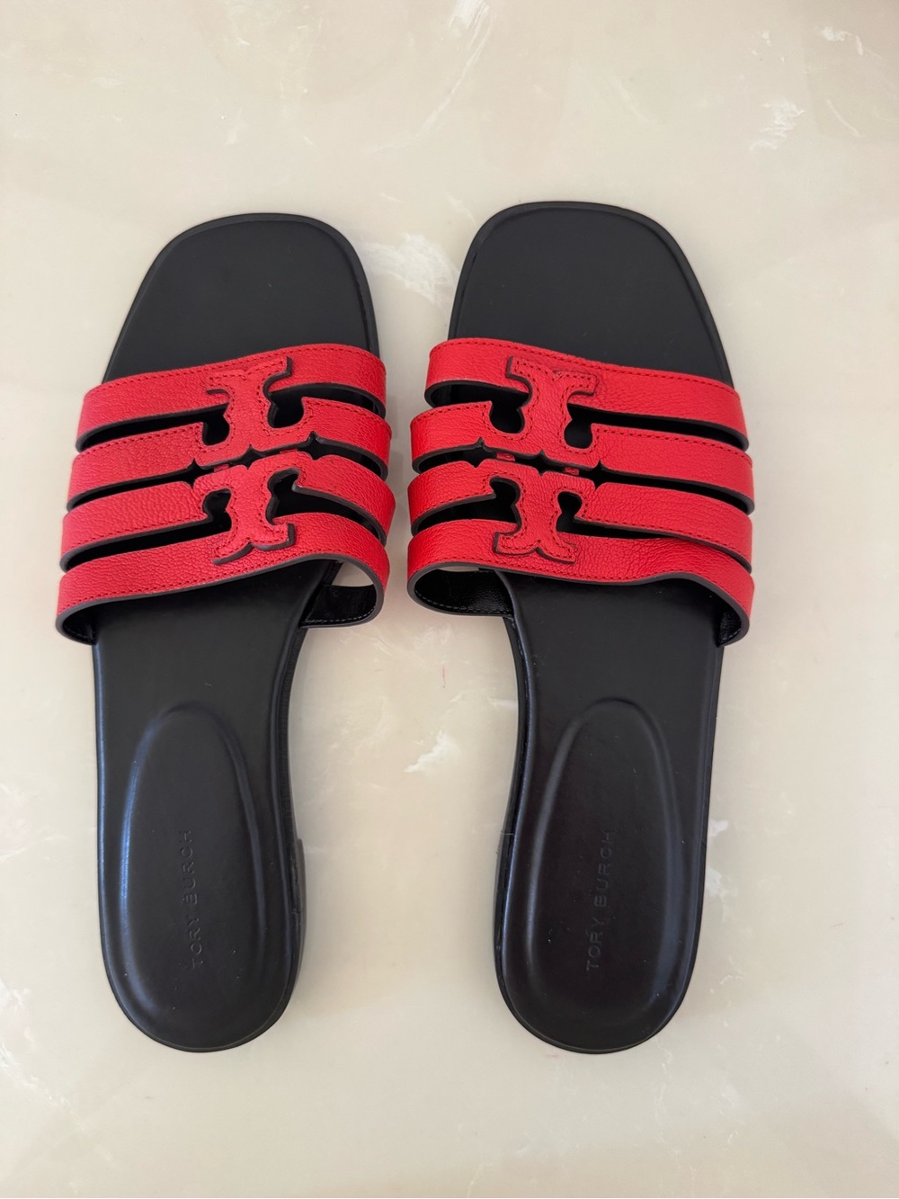 Tory Burch Red and Black Triple-strap Leather Slide Sandals